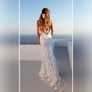 Lace wedding dress, spaghetti straps,  v neck, open back